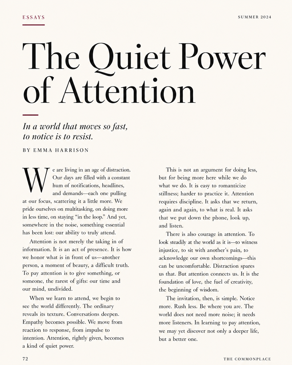 A minimalist editorial magazine layout showing a long-form article titled The Quiet Power of Attention